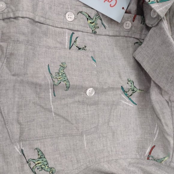 BOYS Dinosaur Shirt Gray Surfing Cat & Jack Button Down Long Sleeve  NWT - Picture 2 of 9